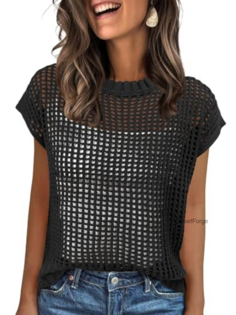 Short Sleeve Crochet Knit Sweater Vest for Women Loose Fit Boho